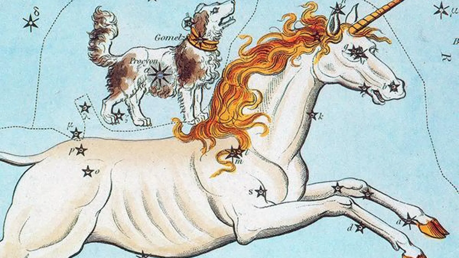 Unicorn and dog with constellations superimposed
